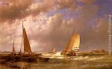 Dutch Canvas Paintings - Dutch Barges At The Mouth Of An Estuary